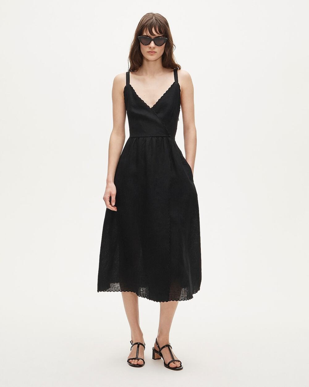 J. Crew Women's Linen Faux-Wrap Scallop-Trim Dress Sleeveless Black Size 6 NWOT